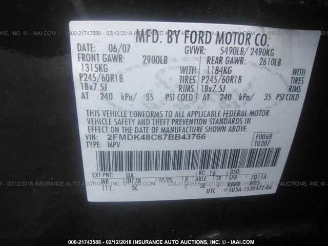 2FMDK48C67BB43766 - 2007 FORD EDGE SEL BLACK photo 9