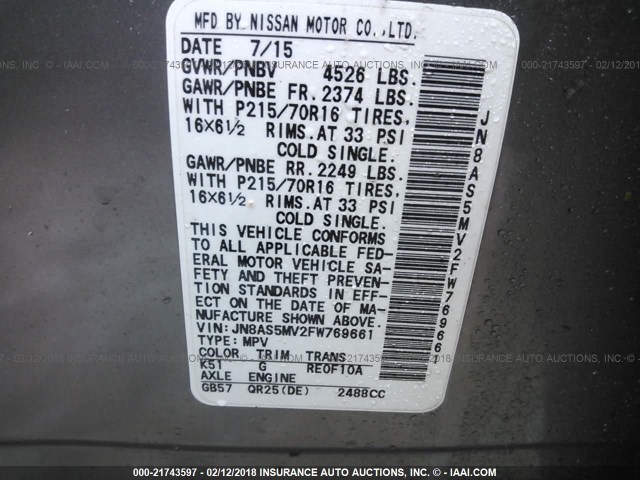 JN8AS5MV2FW769661 - 2015 NISSAN ROGUE SELECT S GRAY photo 9