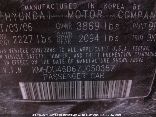 KMHDU46D67U050357 - 2007 HYUNDAI ELANTRA GLS/SE/LIMITED BLACK photo 9