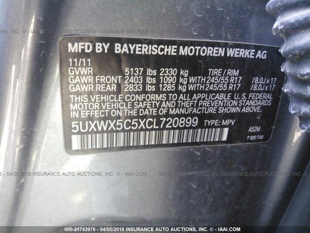 5UXWX5C5XCL720899 - 2012 BMW X3 XDRIVE28I GRAY photo 9