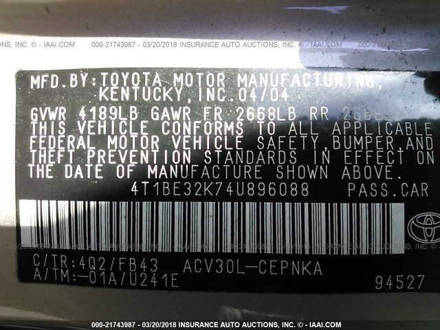 4T1BE32K74U896088 - 2004 TOYOTA CAMRY LE/XLE/SE ოქროსფერი ფოტო 9