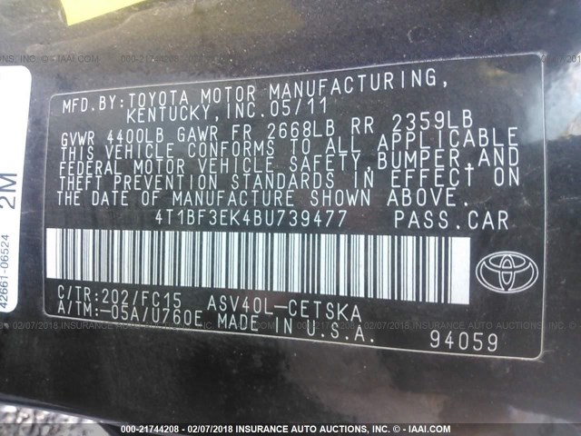 4T1BF3EK4BU739477 - 2011 TOYOTA CAMRY SE/LE/XLE BLACK photo 9
