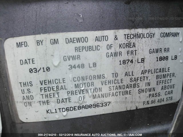 KL1TD6DE8AB096337 - 2010 CHEVROLET AVEO LS/LT 灰色 照片 9