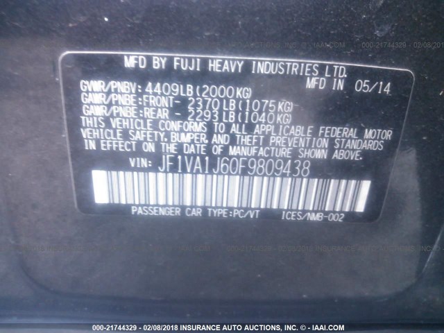 JF1VA1J60F9809438 - 2015 SUBARU WRX LIMITED GRAY photo 9