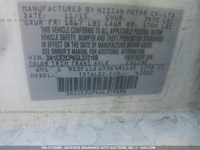 3N1CE2CP6GL372106 - 2016 NISSAN VERSA NOTE S/S PLUS/SV/SL/SR WHITE photo 9