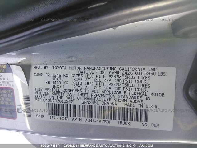5TEUU42N79Z619925 - 2009 TOYOTA TACOMA ACCESS CAB Silber Foto 9
