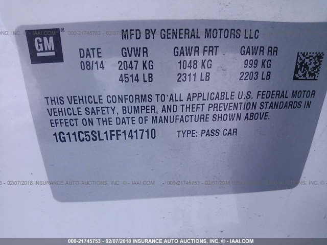 1G11C5SL1FF141710 - 2015 CHEVROLET MALIBU 1LT WHITE photo 9