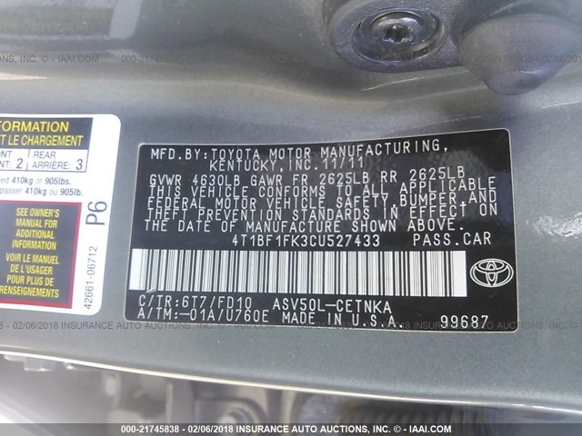4T1BF1FK3CU527433 - 2012 TOYOTA CAMRY SE/LE/XLE 绿色 照片 9