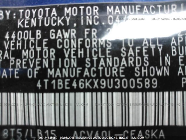 4T1BE46KX9U300589 - 2009 TOYOTA CAMRY SE/LE/XLE BLUE photo 9
