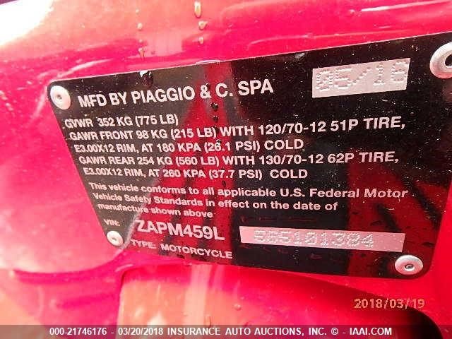 ZAPM459L5G5101384 - 2016 VESPA GTS 300 SUPER RED photo 10