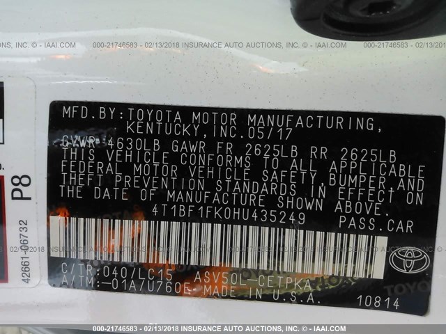 4T1BF1FK0HU435249 - 2017 TOYOTA CAMRY LE/XLE/SE/XSE Blanc photo 9