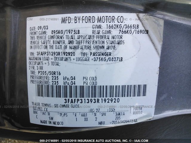 3FAFP31393R192920 - 2003 FORD FOCUS ZX3 GRAY photo 9