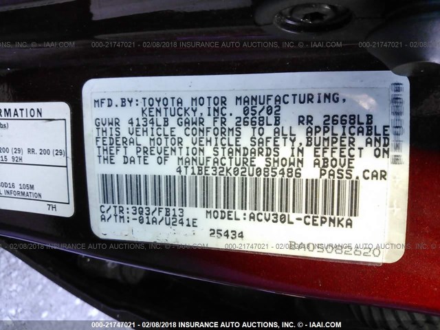 4T1BE32K02U085486 - 2002 TOYOTA CAMRY LE/XLE/SE 栗色 照片 9
