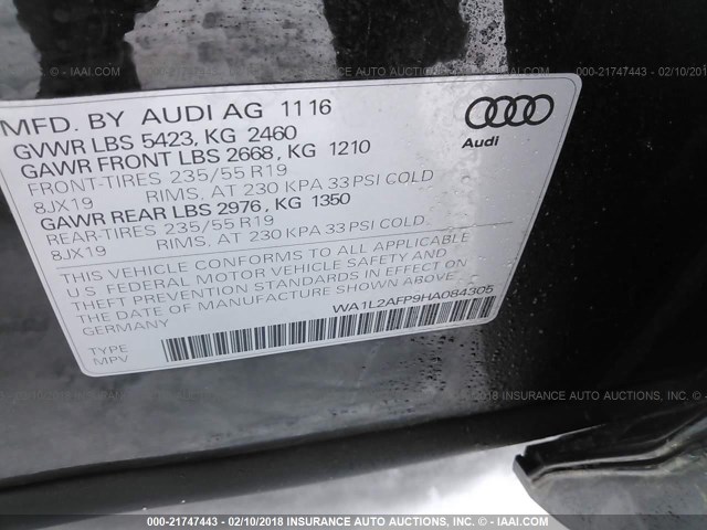 WA1L2AFP9HA084305 - 2017 AUDI Q5 PREMIUM PLUS BLACK photo 9