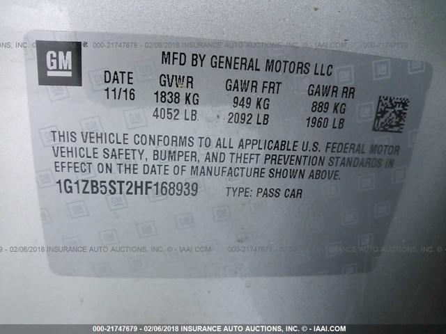 1G1ZB5ST2HF168939 - 2017 CHEVROLET MALIBU LS 银色 照片 9