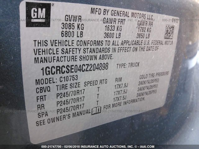 1GCRCSE04CZ204898 - 2012 CHEVROLET SILVERADO C1500 LT GRAY photo 9