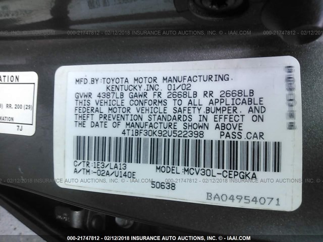 4T1BF30K92U522398 - 2002 TOYOTA CAMRY LE/XLE/SE GRAY photo 9