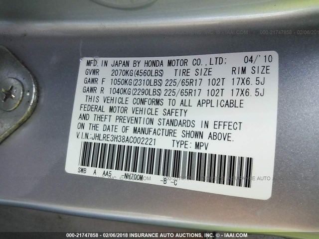 JHLRE3H38AC002221 - 2010 HONDA CR-V LX SILVER photo 9