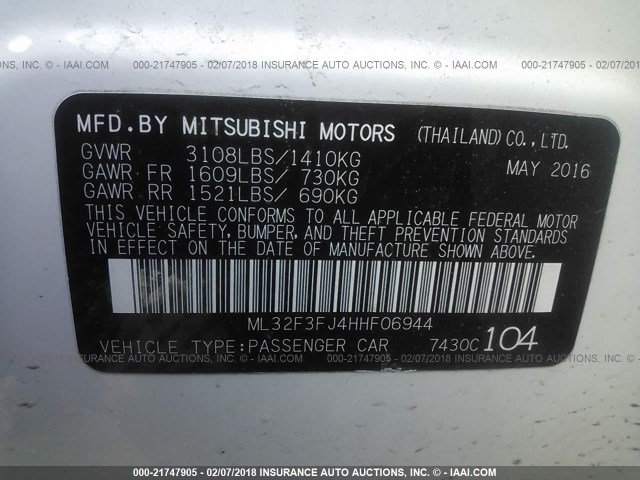 ML32F3FJ4HHF06944 - 2017 MITSUBISHI MIRAGE G4 ES Ağ foto 9