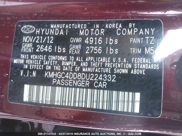 KMHGC4DD8DU224332 - 2013 HYUNDAI GENESIS 3.8L RED photo 9