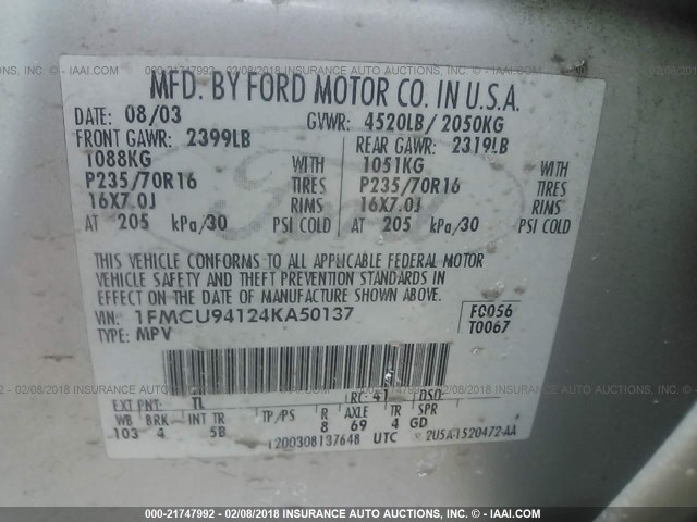 1FMCU94124KA50137 - 2004 FORD ESCAPE LIMITED SILVER photo 9