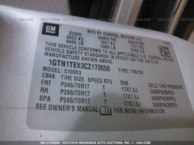 1GTN1TEX0CZ170658 - 2012 GMC SIERRA C1500 SILVER photo 9