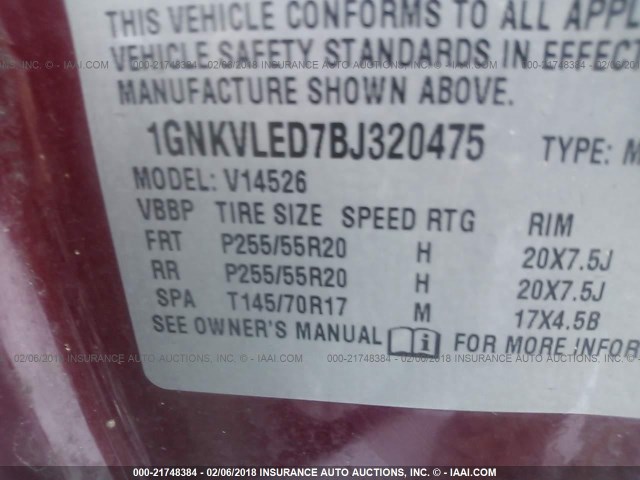 1GNKVLED7BJ320475 - 2011 CHEVROLET TRAVERSE LTZ RED photo 9