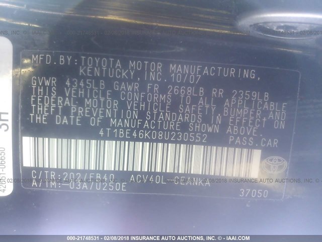 4T1BE46K08U230552 - 2008 TOYOTA CAMRY CE/LE/XLE/SE BLACK photo 9