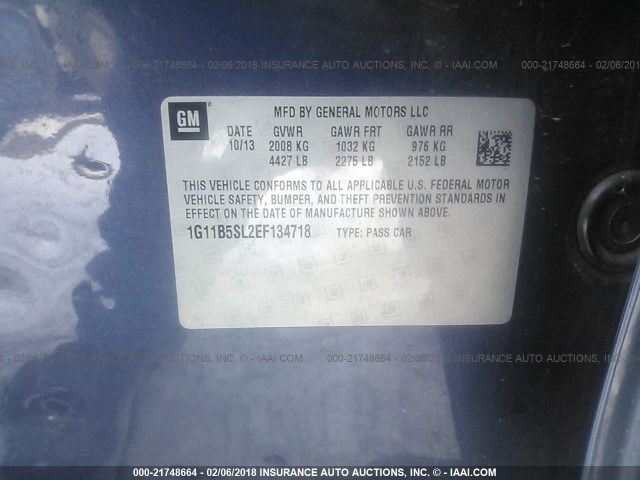 1G11B5SL2EF134718 - 2014 CHEVROLET MALIBU LS BLUE photo 9
