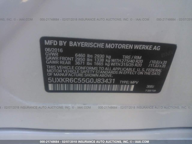 5UXKR6C55G0J83431 - 2016 BMW X5 XDRIVE50I WHITE photo 9
