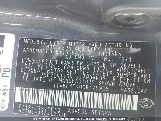 4T4BF1FK0CR179905 - 2012 TOYOTA CAMRY SE/LE/XLE GRAY photo 9