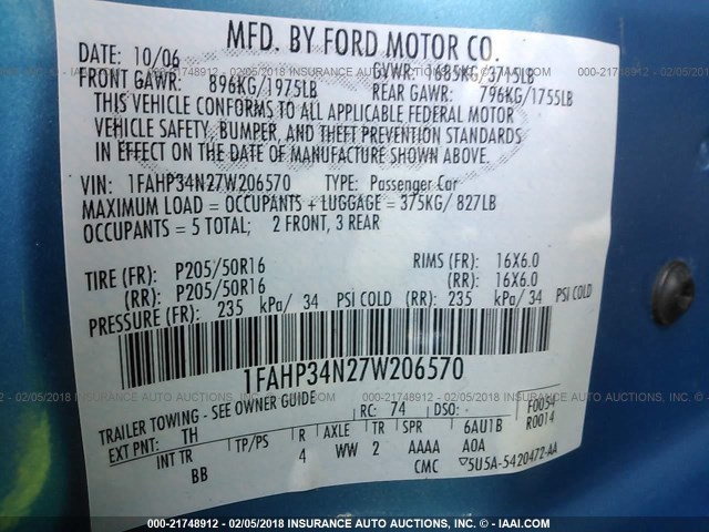 1FAHP34N27W206570 - 2007 FORD FOCUS ZX4/S/SE/SES 蓝色 照片 9