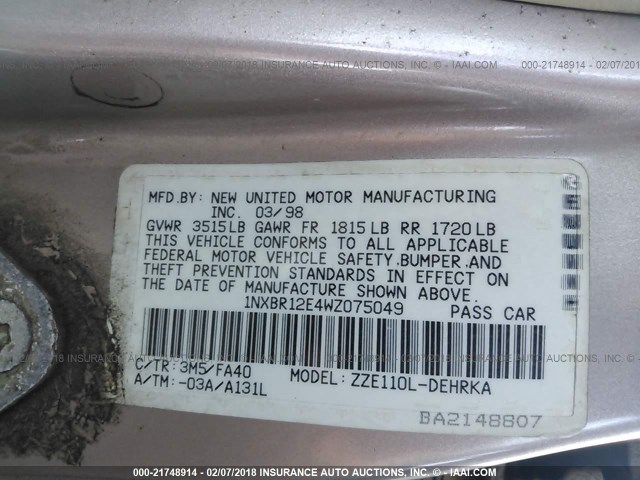 1NXBR12E4WZ075049 - 1998 TOYOTA COROLLA VE/CE/LE 棕色 照片 9