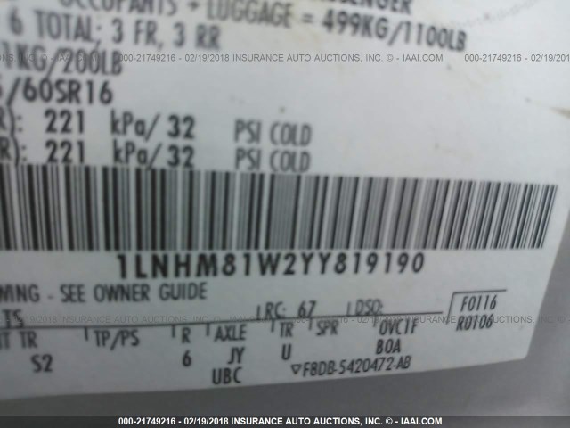 1LNHM81W2YY819190 - 2000 LINCOLN TOWN CAR EXECUTIVE SILVER photo 9