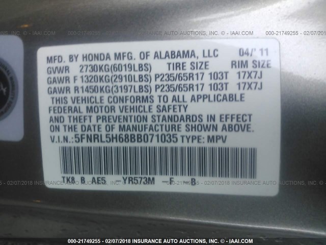 5FNRL5H68BB071035 - 2011 HONDA ODYSSEY EXL მუქი ყავისფერი ფოტო 9