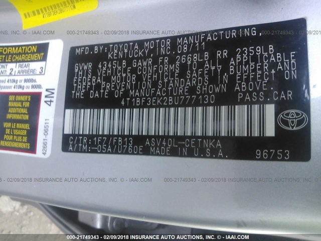 4T1BF3EK2BU777130 - 2011 TOYOTA CAMRY SE/LE/XLE ვერცხლისფერი ფოტო 9