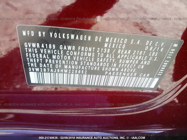 3VW2B7AJ9HM229852 - 2017 VOLKSWAGEN JETTA S 红色 照片 9