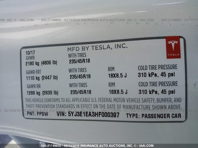 5YJ3E1EA3HF000397 - 2017 TESLA MODEL 3 თეთრი ფოტო 9