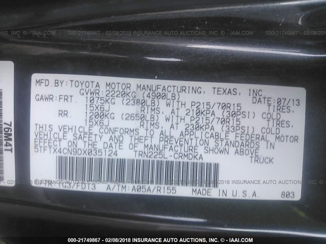 5TFTX4CN9DX035124 - 2013 TOYOTA TACOMA ACCESS CAB Grau Foto 9