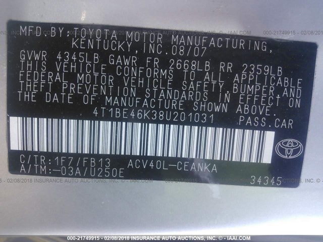 4T1BE46K38U201031 - 2008 TOYOTA CAMRY CE/LE/XLE/SE SILVER photo 9