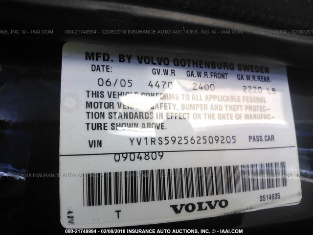 YV1RS592562509205 - 2006 VOLVO S60 2.5T BLUE photo 9