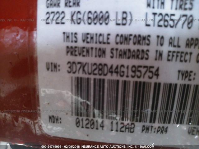 3D7KU28D44G195754 - 2004 DODGE RAM 2500 ST/SLT 红色 照片 9