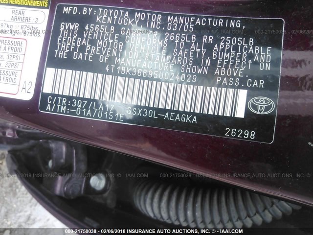 4T1BK36B95U024029 - 2005 TOYOTA AVALON XL/XLS/TOURING/LIMITED BURGUNDY photo 9