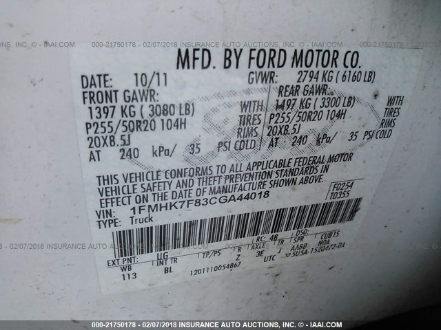 1FMHK7F83CGA44018 - 2012 FORD EXPLORER LIMITED 白色 照片 9
