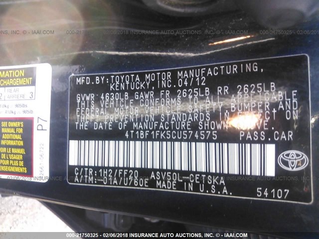 4T1BF1FK5CU574575 - 2012 TOYOTA CAMRY SE/LE/XLE BLACK photo 9