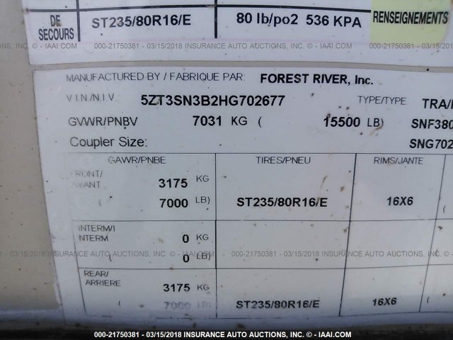 5ZT3SN3B2HG702677 - 2017 FOREST RIVER SANIBEL 380  CREAM photo 9