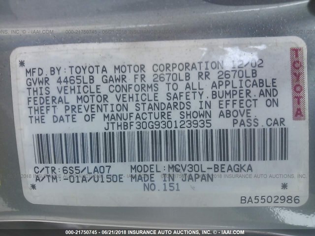 JTHBF30G930123935 - 2003 LEXUS ES 300 GRAY photo 9