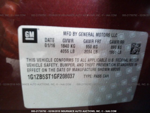 1G1ZB5ST1GF208037 - 2016 CHEVROLET MALIBU LS მუქწითელი ფოტო 9