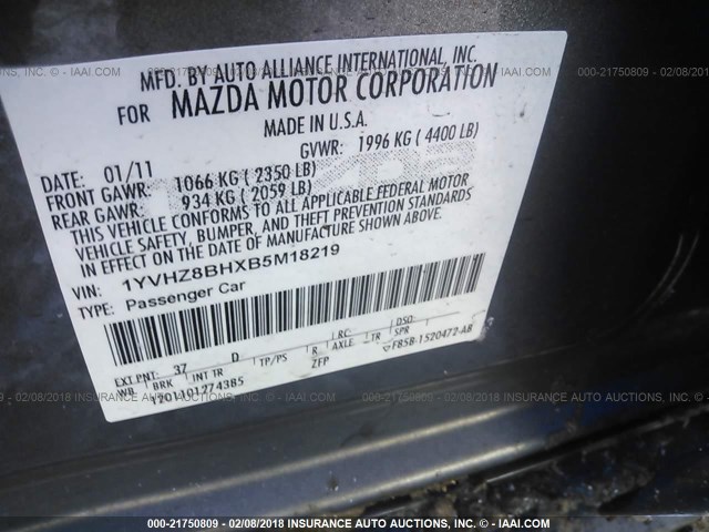 1YVHZ8BHXB5M18219 - 2011 MAZDA 6 I Gri fotoğraf 9