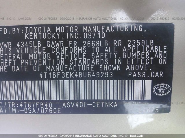 4T1BF3EK4BU649293 - 2011 TOYOTA CAMRY SE/LE/XLE Золотой фото 9